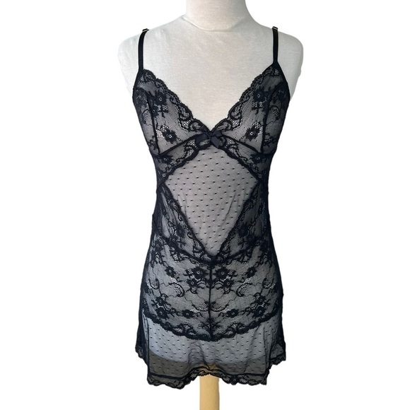 Victoria’s Secret Very Sexy Black Lace Sheer Slip Dress Med Adjustable Swiss Dot - Picture 1 of 10